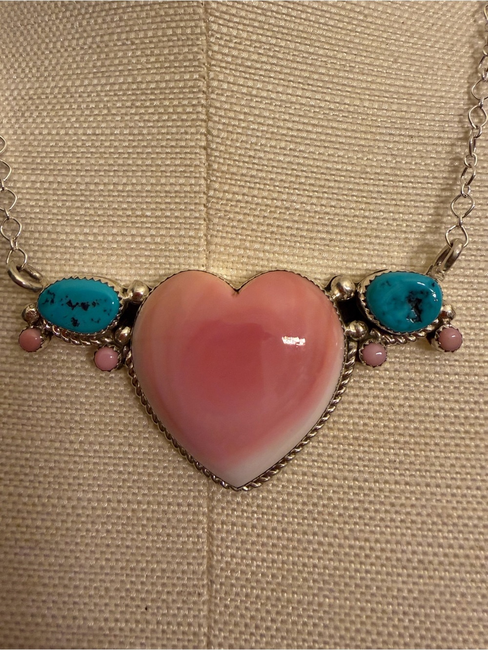 NATIVE MADE Pink Conch 
Pendant Necklace with Turquoise. Stamped by the artist.